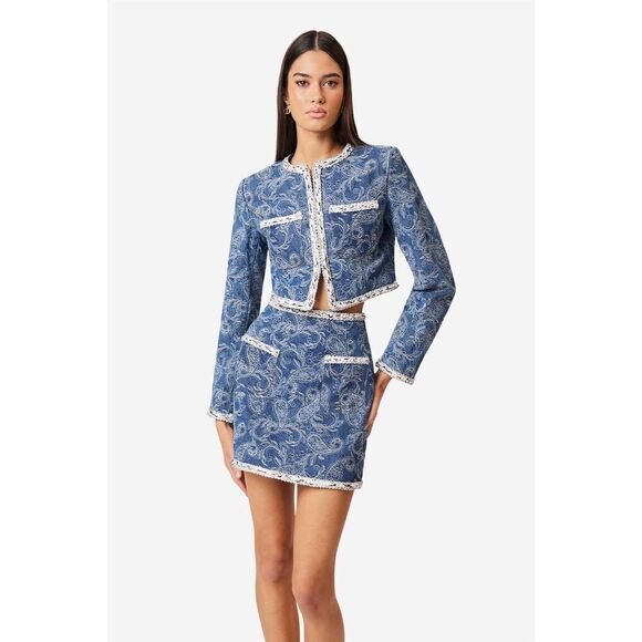 Elliatt Denver Denim Blue Cropped Jacket & Mini Skirt Set Classic size S NWT - Picture 1 of 6